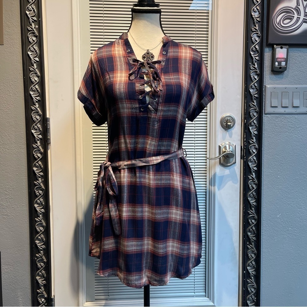 E And M Mini Plaid Tie-Front Shirt Dress new no tags size small